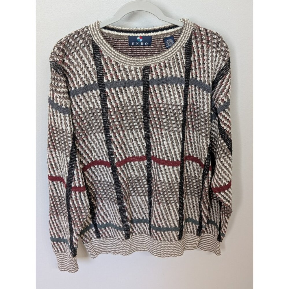 Enro 3D Knit Sweater Mens M USA Made  80s 90s Geometric Vintage Grandpa